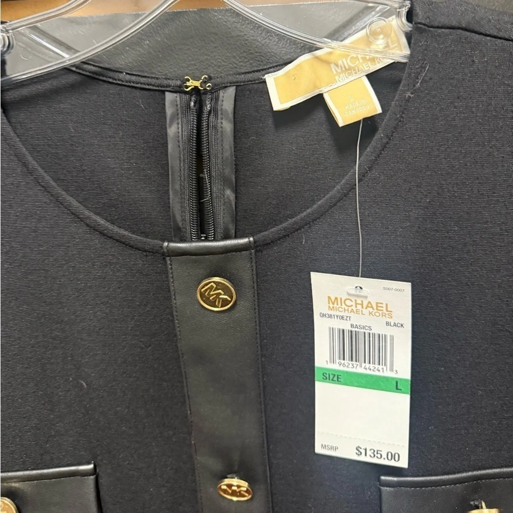 NWT Michael Kors Black Short Sleeve Henley Dress Gold Button Size L